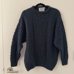 Vintage 80s 100% Wool Fisherman Sweater Teal Avoca Collection Ireland Large Knit